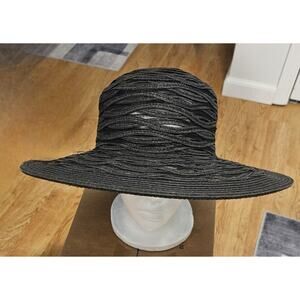Nine West Hat Sun Fitted Womens One Size Black EUC Wide Brim Woven Summer Beach